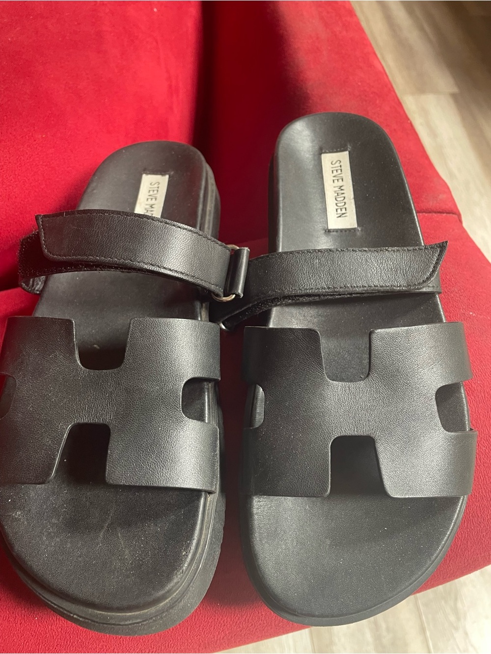 Steve Madden Black Leather Cutout Slide Sandals